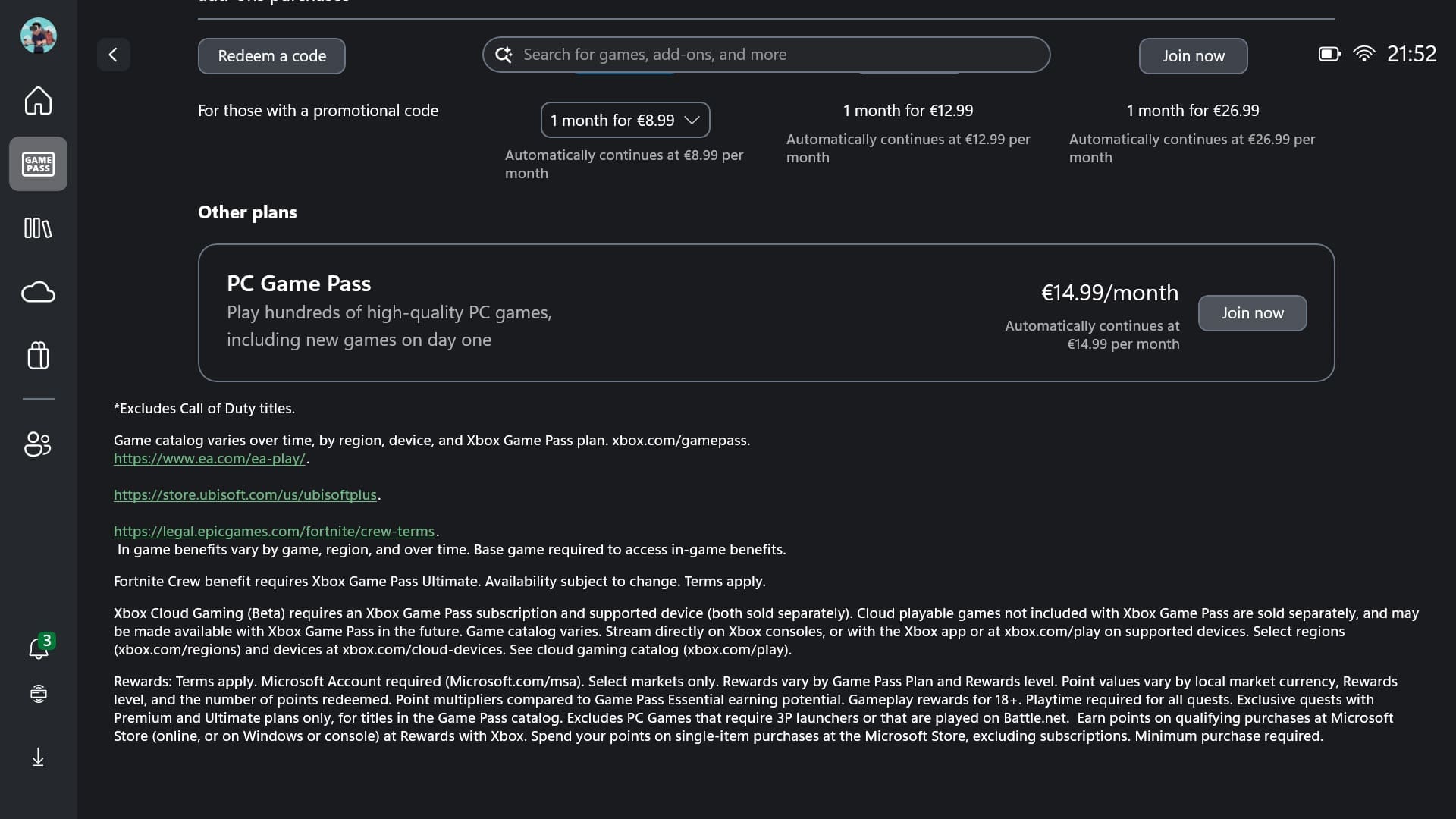 Als je geen Xbox-console hebt, kun je ook een PC Game Pass-abo nemen, dat eerst 14,99 euro kostte maar nu is verlaagd naar 12,99 euro per maand