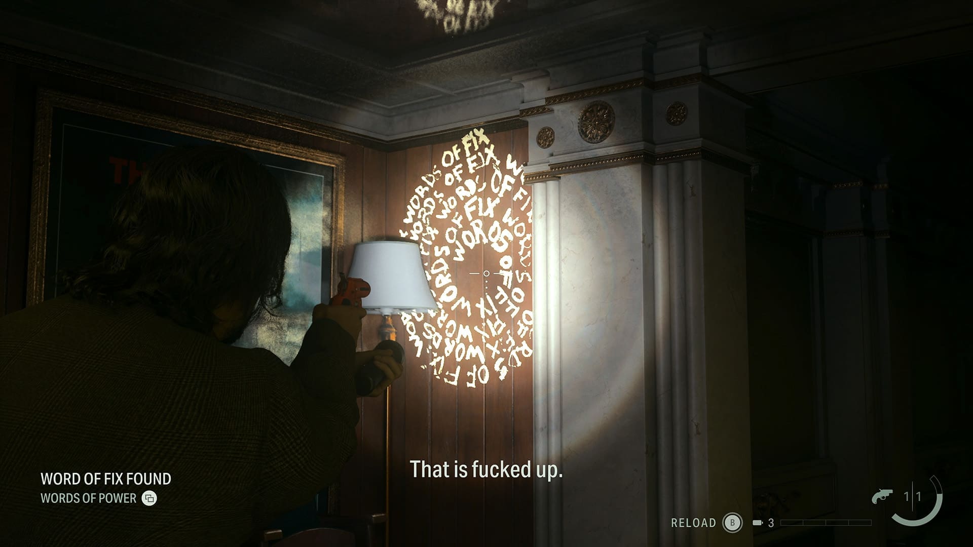 Alan Wake II Deluxe Edition review screenshot 13 torch shining spirals upgrade Words of Power