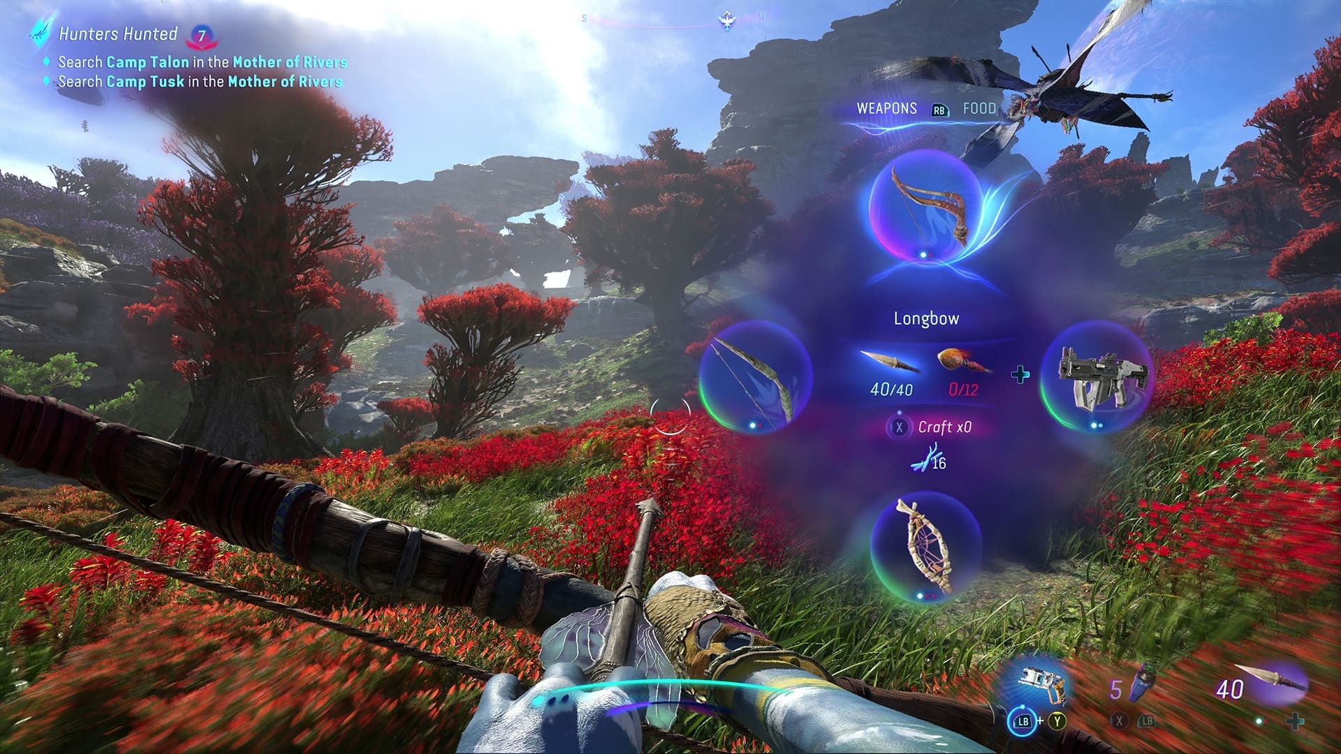 Via het wapenwiel selecteer je je wapens en craft je pijlen voor je boog