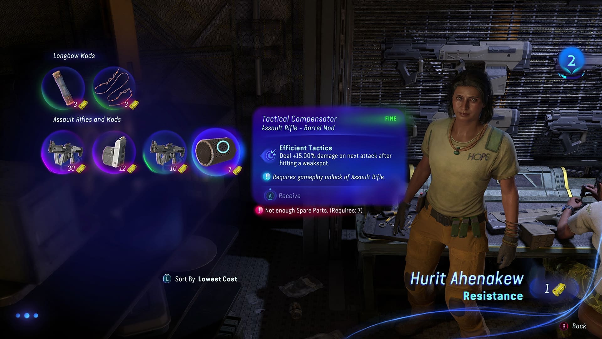 Met spareparts kun je nieuwe wapens en mods krijgen van mensen bij Resistance HQ