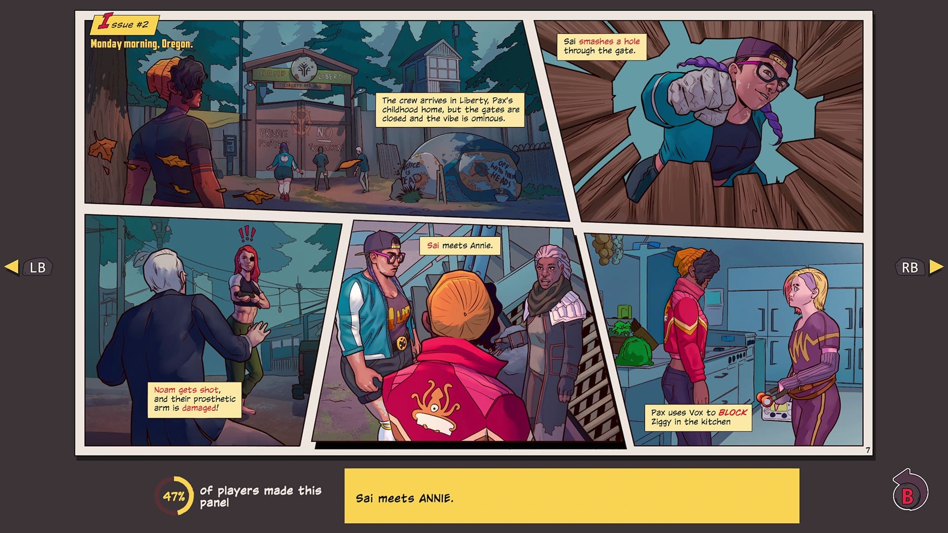Dustborn game review screenshot 17 comic panels chapter percentage players choices