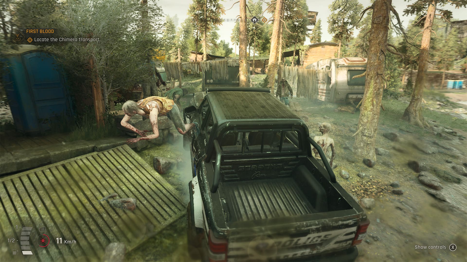 Dying Light The Beast review screenshot 5 car driving over zombies pure fun